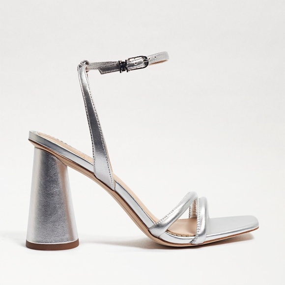 SAM EDELMAN Kia Leather Silver Block Heel Sandals Strappy Chunky Heels - Picture 2 of 11